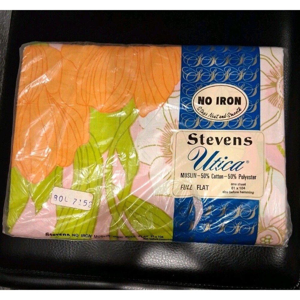 Vtg Steven's Utica Sheet Full Flat Tulip Stripe Orange, Green & Pink NOS 81x104
